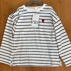 Zara Kids Long Sleeve Striped Shirt - White and Black with Red Heart